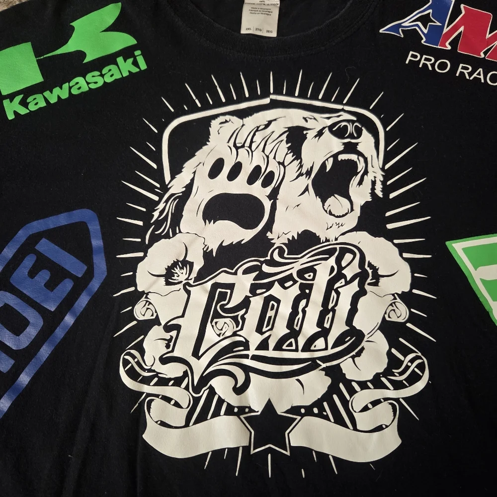 Y2K Motorsport Racing Tshirt All Over Sponser Graphics Kawasaki Shoei Skully 2XL